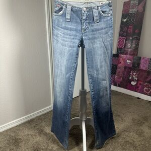 Blue Flare Wide Leg Jeans with Natural Fading